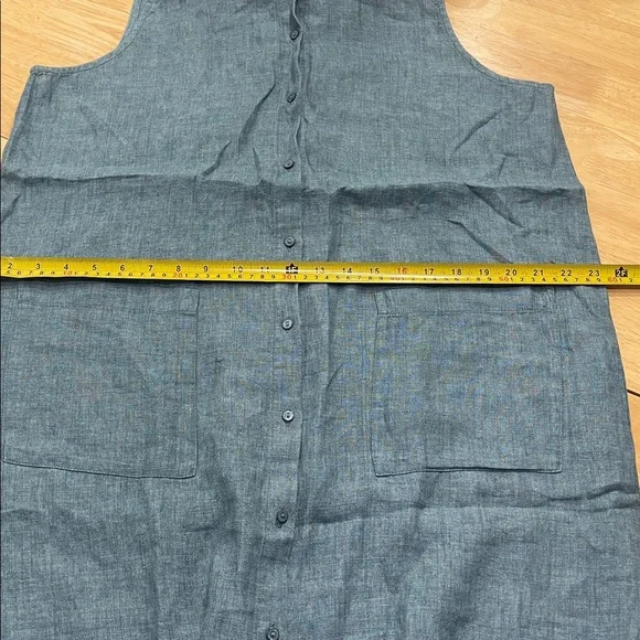EILEEN FISHER Sleeveless Button Front Shirtdress Washed Organic Linen Blue SZ PL